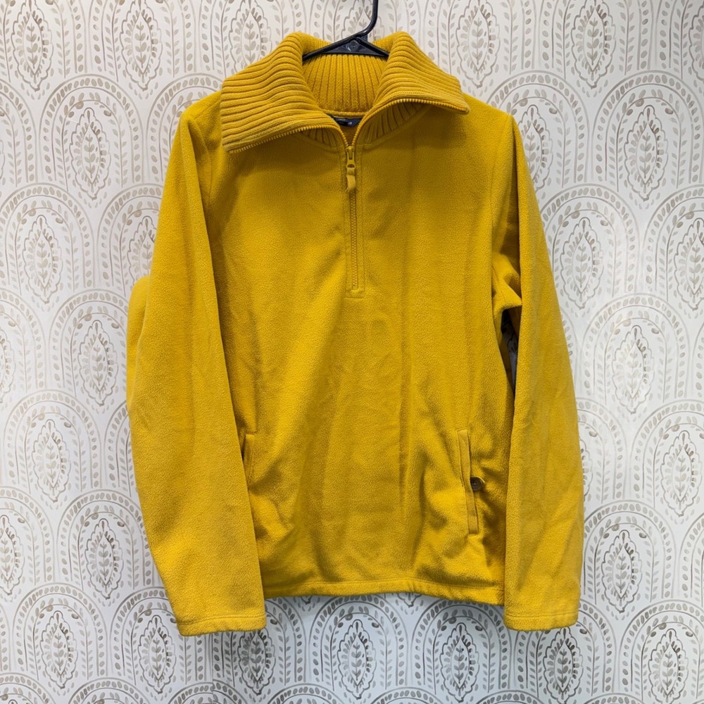Lands End Quarter Zip Fleece Womens XL Yellow Ribbed Mock Neck Pullover Pocket